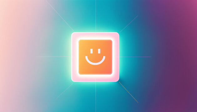 glossy orange smiley face square button with white rim and radiating light rays on teal purple gradient background
