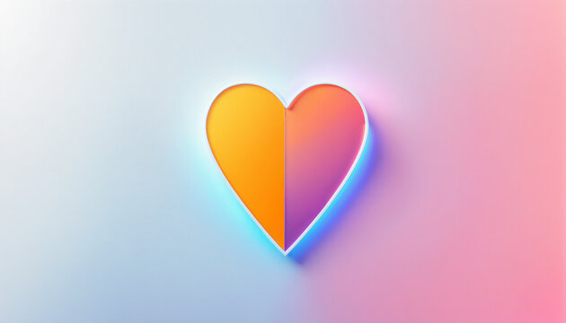 glossy yellow orange to pink purple split heart with white outline and blue glow on soft gradient background