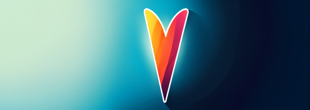 glossy yellow orange pink gradient v shape with white outline on soft blue to dark blue background