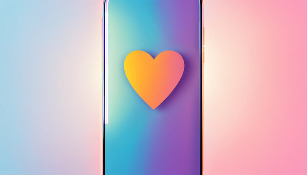 orange yellow gradient heart floating on glossy smartphone screen with colorful reflections on soft background