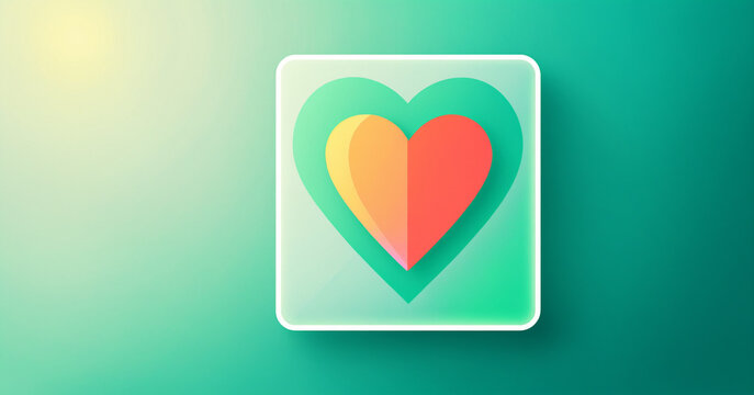glossy green square button with yellow orange red split heart on soft green yellow gradient background