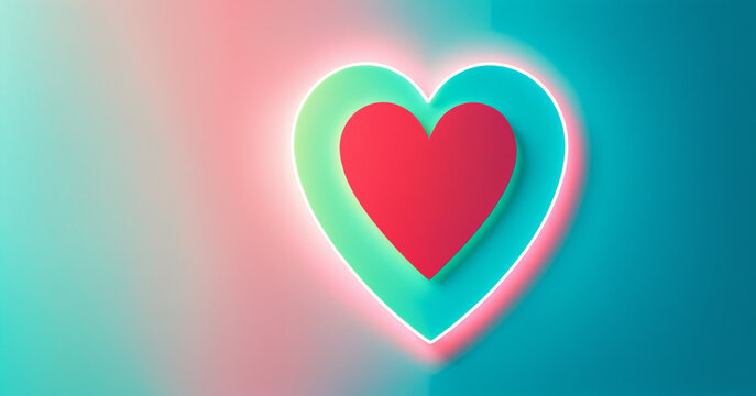 red heart nested inside cyan green layered heart with white outline on soft teal pink gradient background