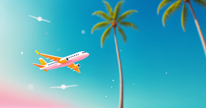 pink orange airplane flying past tall palm trees under bright blue sky with sun and soft particles