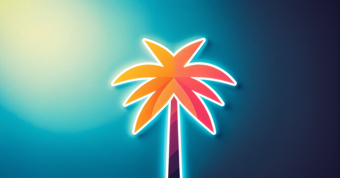 geometric faceted orange pink palm tree with white neon outline on soft teal blue gradient background
