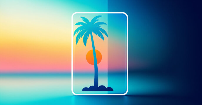 glowing vertical rounded rectangle enclosing a dark blue silhouette of a palm tree and an orange sun against a gradient sky
