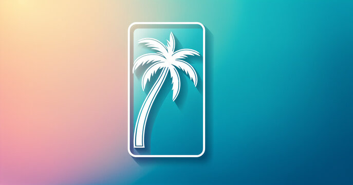 white vertical rectangle outline framing a white palm tree silhouette with a long shadow on a pink and teal gradient space