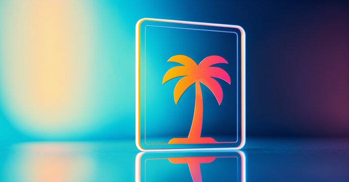 illuminated neon square frame containing a palm tree on a smooth gradient blue and purple reflective surface