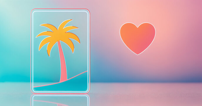 glowing vertical rectangle outline containing a bright orange and pink palm tree next to a floating neon heart on a soft gradient surface