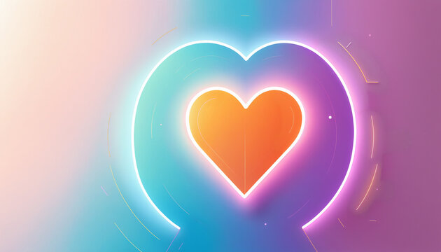 orange heart nested inside large cyan purple neon heart outline with soft glow and thin lines on gradient background