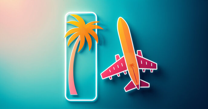 neon palm tree in white rounded rectangle frame next to pink orange airplane icon on teal blue gradient background