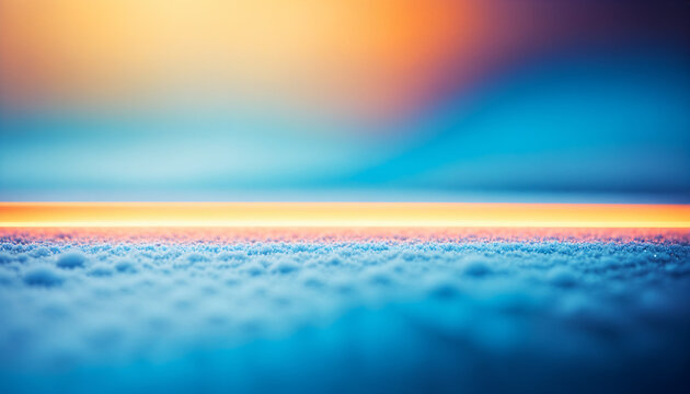close up blue snow surface with glowing orange horizontal light line and soft blue orange gradient background