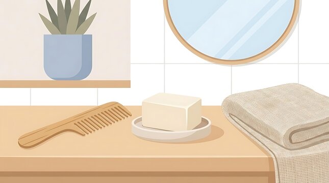 Bathroom hygiene items and plant on surface with mirror reflection