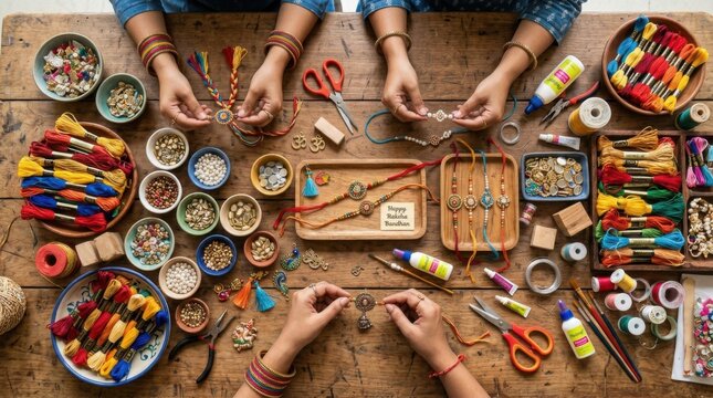 Overhead View of Artisans Making Custom Festive Threads at Craft Workspace
