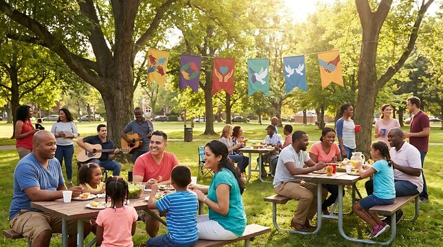 Diverse multi-ethnic community picnic in sunny city park.