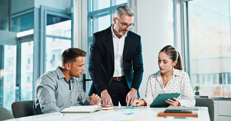 Manager, tablet and finance team in office with discussion, meeting and advice for audit paperwork. Financial management, business people and talk in workplace with tech, risk assessment or documents