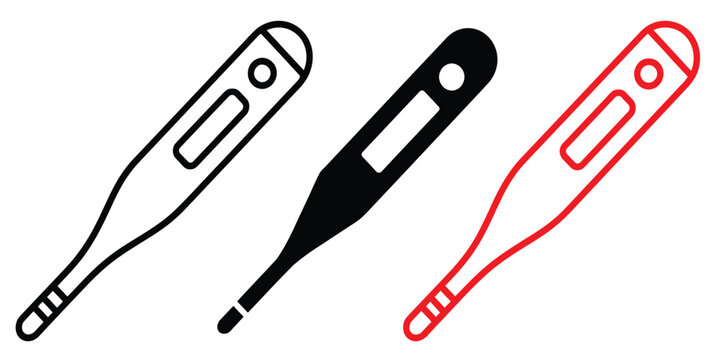 Digital thermometer vector icons featuring medical temperature meter in outline, silhouette, and flat styles isolated on white background.