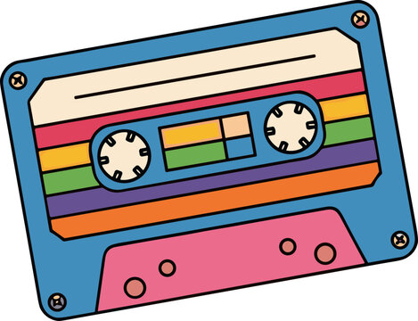 Retro cassette tape with rainbow stripes, vintage music, 80s nostalgia