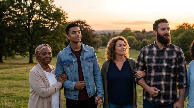 Diverse multi-generational family walking together in golden park
