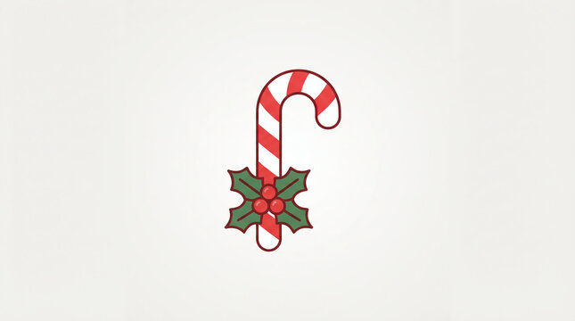 Minimalist festive candy cane illustration decorated with holly leaves and red berries flat vector icon with graphic illustration striped berries isolated clean