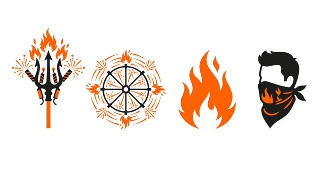 Symbols of fire featuring a trident, a wheel, flames, and a masked individual are presented in a series of orange and black icons designed for thematic visual storytelling or bold decorative projects.