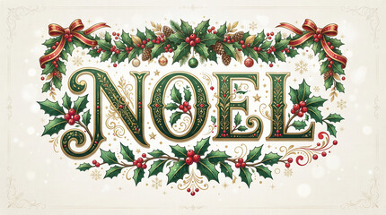 Fototapeta premium Elegant noel typography decorated with festive holly garlands and ornate seasonal botanical elements with word Noel ornate green gold lettering surrounded lush holly branches