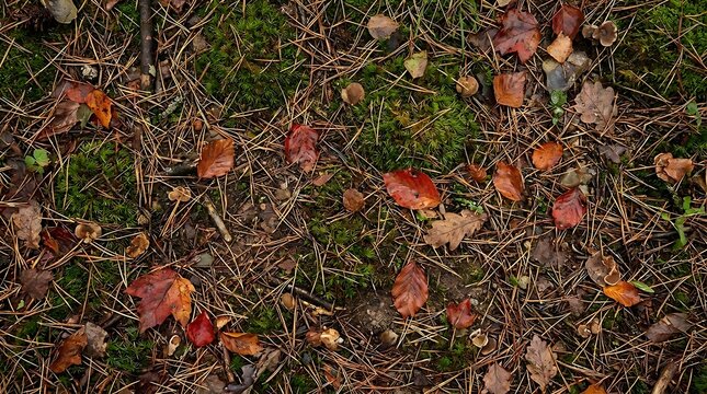 Forest floor natural background with fallen leaves and pine needles