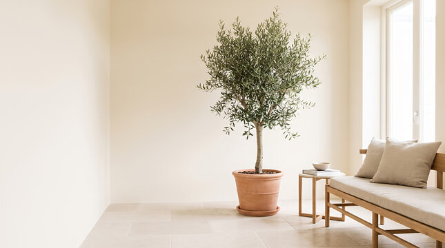 Minimalist interior with olive tree in terracotta pot and armchair