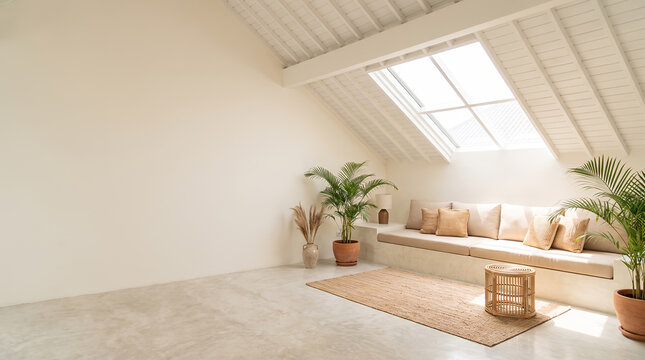 Bright minimalist living room with plants skylight window and neutral sofa