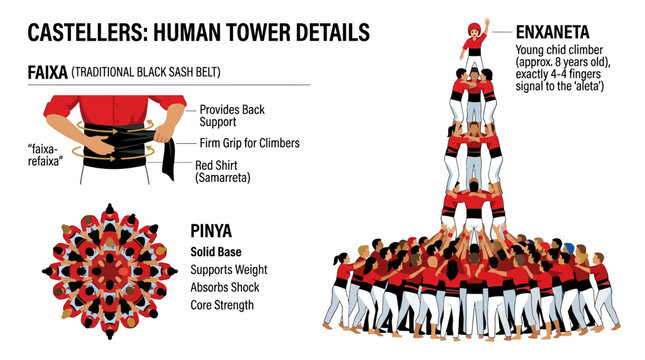 Castellers demonstrate the complex structural engineering of a traditional human tower formation through detailed technical diagrams and illustrations highlighting the roles of participants in the.