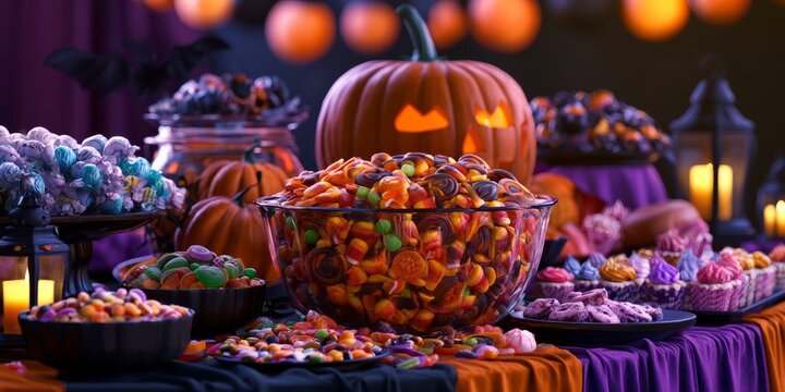 Festive Halloween Candy Buffet with Glowing Pumpkin
