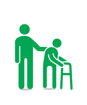 Person helping old patient. Vector flat glyph icon illustration. Nursing home, senior and elders support, healthcare for the older people