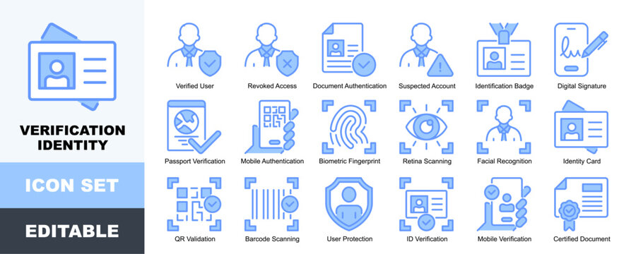 Verification Identity Icon Pack Featuring Verified User, Revoked Access, Document Authentication, Suspected Account, Identification Badge, Digital Signature, Passport Verification