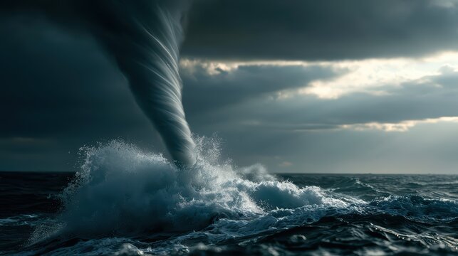 giant waterspout over open ocean, real meteorological sea tornado, vertical swirling water vapor column, distinct spiral flow ripples, massive churning white foam splashing at sea surface, seawater vi