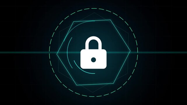 Digital security lock icon with futuristic glowing hexagon and waves on dark background.