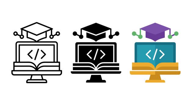 Three modern computers with graduation cap and code icons on screen