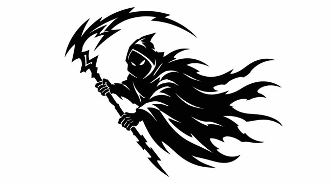 Cloaked grim reaper wielding jagged scythe mascot graphic.