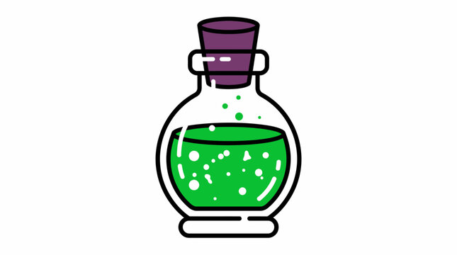 Illustration of a glass bottle with green liquid and cork stopper.