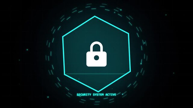 Digital security lock icon with futuristic glowing network background.
