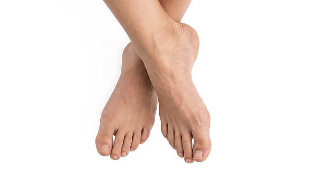 Human feet legs crossed isolated white background studio shot