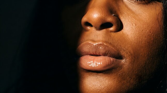 Extreme Macro Closeup Brown Skin Glossy Nude Lips Dramatic Chiaroscuro Sidelight Shadow Editorial Beauty Portrait