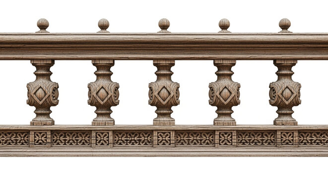 Classic stone balustrade isolated on white. Architectural railing with ornate carved pillars.