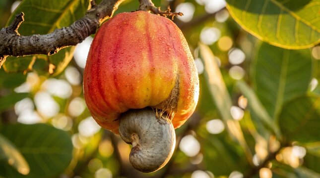 Ripe red cashew fruit and nut hanging on tree branch