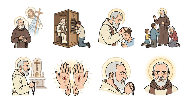Catholic Saint Padre Pio vector illustration set, religious monk with stigmata and rosary, priest hearing confession and blessing people