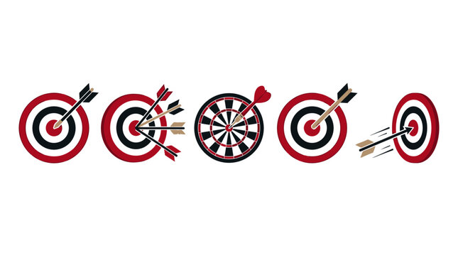 Archery target and dartboard vector set, red and black bullseye icons with arrows, business goal achievement and success concept illustrations