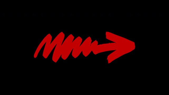 A red grunge messy arrow drawing and erasing animation on a black background.