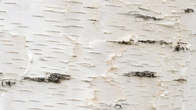 Closeup texture of white birch tree bark, natural organic background with peeling layers and dark horizontal markings