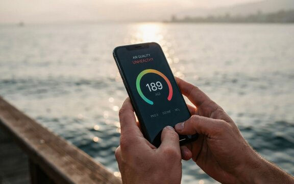 Mobile internet speed test on smartphone, hands holding phone with 189 Mbps connection meter, 5G network performance at outdoor seaside location