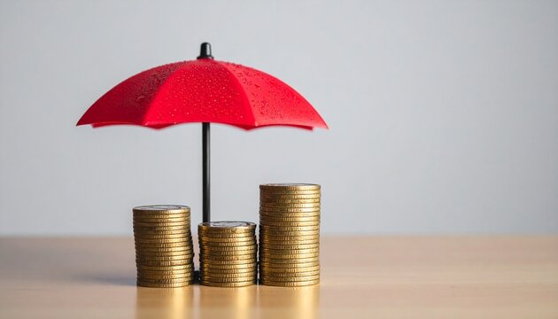 Protecting golden savings beneath umbrella symbolizing financial security insurance