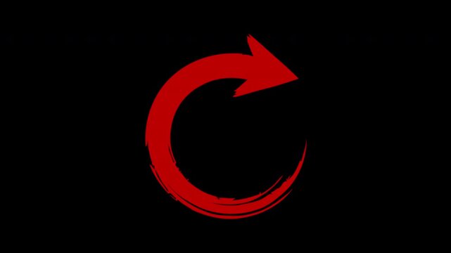 Red circular arrow motion graphic on black background, dynamic reload symbol clip.