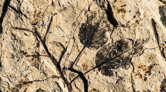 Ancient plant fossil imprint in stone texture close up